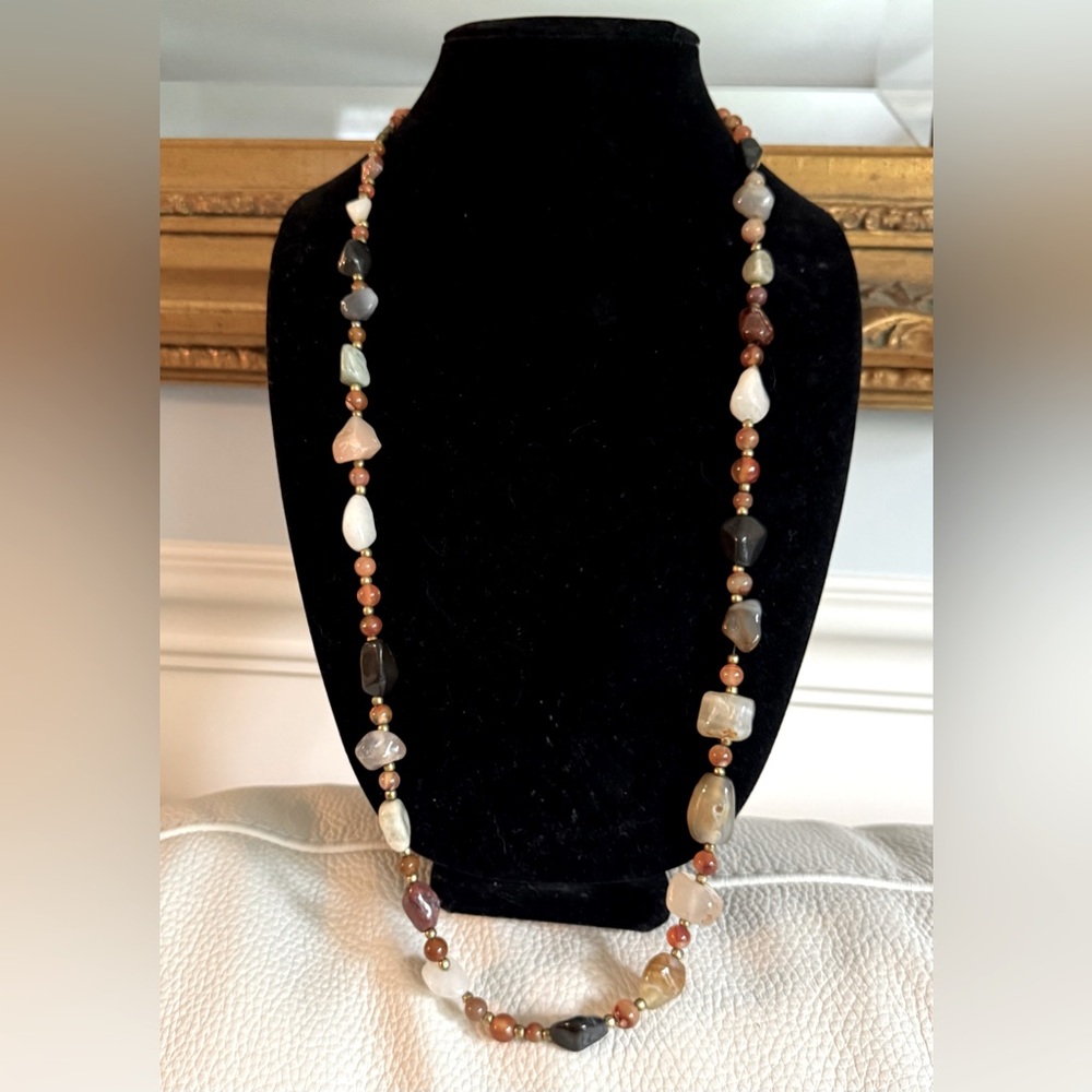 Multi-Color Natural Stone Beaded Long Necklace Vintage